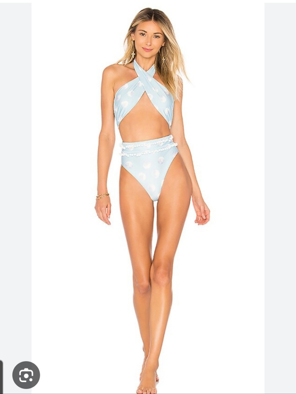 Tularosa Light Blue Polka Dot One-Piece Swimsuit with White Pom Trim